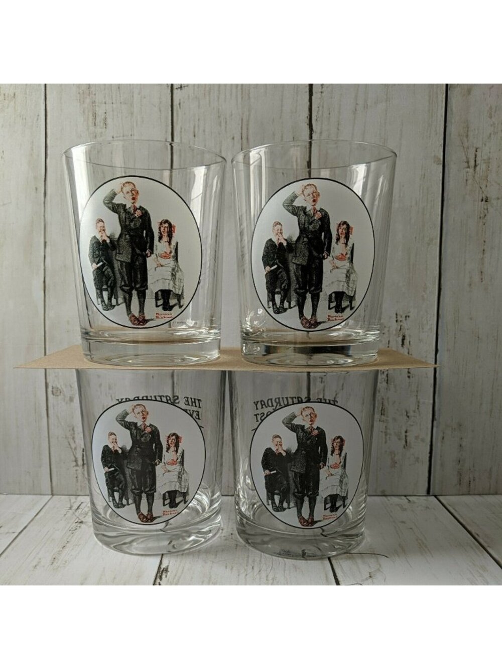 Norman Rockwell 16oz Bar Drinking Glasses Set of 4 The Saturday Evening Post
